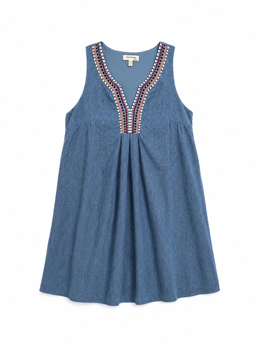 Chambray Embroidered V-Neck Denim Mini Dress Blue Women’s size Small Sleeveless - Picture 2 of 5